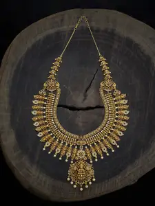 Kushal's Fashion Jewellery Gold-Plated Ruby Studded  Beaded Antique Necklace