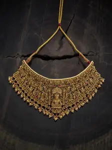 Kushal's Fashion Jewellery Silver Gold-Plated Stones Studded & Beaded Temple Necklace
