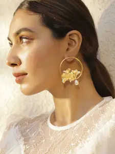 Rubans 18K Gold-Plated Hoop Earrings with Leaf Flora Design & Pearl Drop