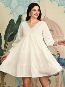 Ishin V-Neck Cotton Layered A-Line Dress