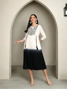 Ishin Geometric Printed Three-Quarter Sleeves Round Neck Thread Work Kurta