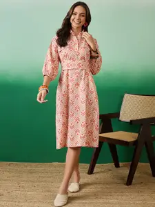 Sangria Red Floral Printed Pure Cotton Shirt Collar A-Line Ethnic Dress