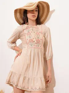 Vishudh Floral Embroidered Puff Sleeves Fit & Flare Mini Dress