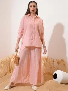 Vishudh Pink Floral Printed Spread Collar Pure Cotton Casual Shirt And Palazzos
