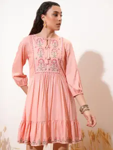 Vishudh Coral Floral Embroidered Tie-Up Neck Puff Sleeves Gathered Mini Fit & Flare Dress