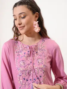 Vishudh Floral Embroidered Tie-Up Neck Puff Sleeves Fit & Flare Dress