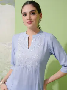 Vishudh Blue Mandarin Collar Thread Work Panelled A-Line Kurta