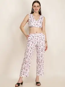 Gargistyle Floral Printed V-Neck Casual Crop Top With Trousers