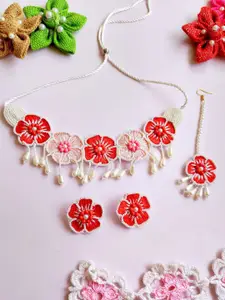 Sangria Gold-Plated Floral Beaded Boho Necklace And Earrings With Maang Tika