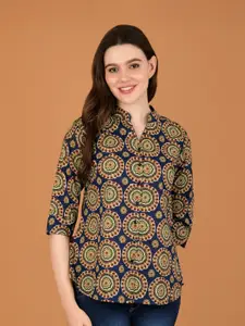 Boholyfe Ethnic Motifs Printed Mandarin Collar Curved Cotton Casual Shirt