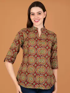 Boholyfe Ethnic Motifs Printed Mandarin Collar Curved Cotton Casual Shirt