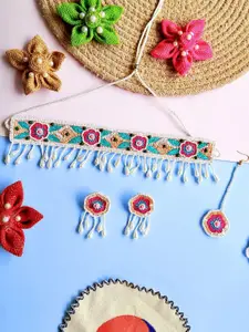 Sangria Gold-Plated Floral Beaded Tasseled Necklace And Earrings With Maang Tika