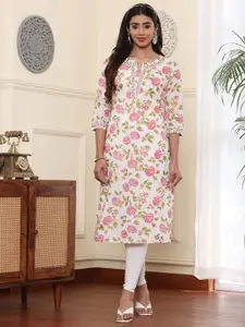 Haute and Humble Round Neck Floral Printed Thread Work Pure Cotton Kurta