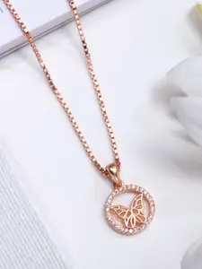 Zavya 925 Pure Sterling Silver Rose Gold-Plated Cubic Zirconia Studded Pendant With Chain