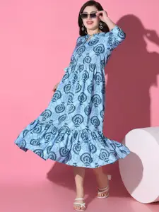 FASHION DREAM Ethnic Motifs Print Mandarin Collar A-Line Midi Dress