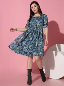 FASHION DREAM Floral Print Square Neck Puff Sleeves Georgette Fit & Flare Dress