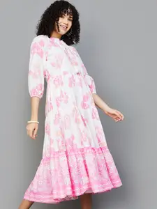 Colour Me by Melange Floral Printed Flared Puff Sleeve Cotton A-Line Midi Dress