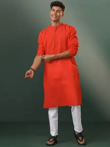 VASTRAMAY Mandarin Collar Long Sleeves Pure Cotton Kurta with Pyjamas