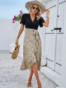all about you Animal Print V-Neck Flutter Sleeves Gathered Slip Slit Wrap Dress