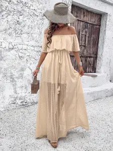 all about you Off-Shoulder Flutter Sleeve Semi Sheer Tie-Ups Maxi Dress