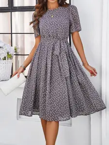 all about you Grey Polka Dot Printed Round Neck Tie-Ups Fit & Flare Dress