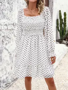 all about you White Polka Dot Printed Square Neck Puff Sleeve Smocked Fit & Flare Dress