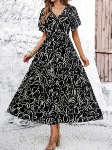 all about you Black Abstract Printed V-Neck Maxi Dresss