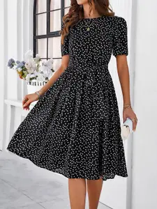 all about you Black Polka Dots Printed Flared Fit & Flare Dress