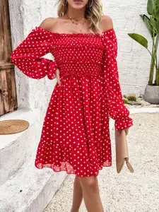 all about you Red Polka Dot Prints Square Neck Flared Puff Sleeve Fit & Flare Dress