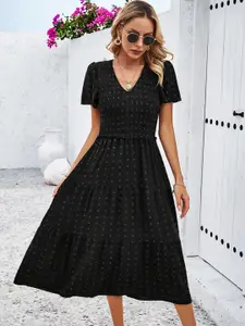 all about you Polka Dots Print V-Neck Flutter Sleeves Smocked Tiered Flared Midi Dress