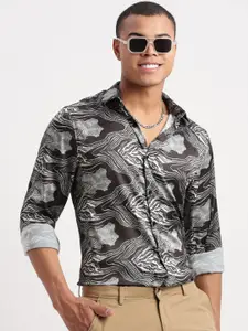 SHOWOFF Premium Oversized Abstract Printed Opaque Twill Weave Satin Party Shirt