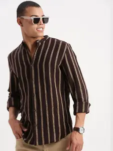 SHOWOFF Standard Slim Fit Mandarin Collar Vertical Stripes Cotton Casual Shirt