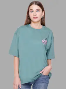 PLUSH PUSH THE FASHION Typography Printed Drop-Shoulder Sleeves Cotton Oversized T-shirt