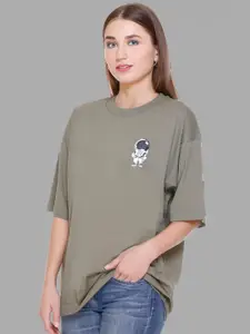 PLUSH PUSH THE FASHION Graphic Printed Drop-Shoulder Sleeves Cotton Oversized T-shirt
