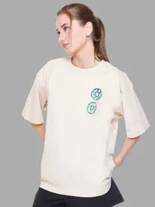 PLUSH PUSH THE FASHION Graphic Printed Drop-Shoulder Sleeves Cotton Oversized T-shirt