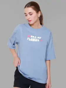 PLUSH PUSH THE FASHION Typography Printed Drop-Shoulder Sleeves Cotton Oversized T-shirt