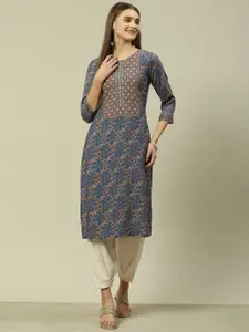 Rangriti Ethnic Motifs Yoke Design Round Neck Straight Kurta
