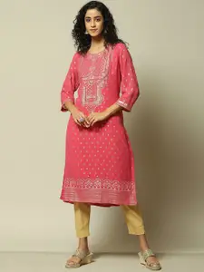 Rangriti Ethnic Motifs Printed  Round Neck Three-Quarter Sleeves Straight Kurta