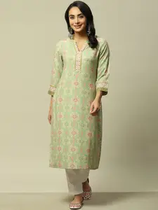 Rangriti Floral Printed Mandarin Collar Gotta Patti Straight Kurta