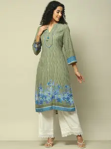 Rangriti Floral Printed V-Neck Strigth Kurta