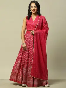 Rangriti Leheriya Printed V-Neck Sleeveless Gotta Patti Crop Top With Skirt & Dupatta