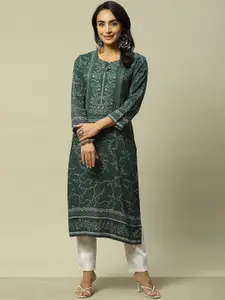 Rangriti Floral Printed Keyhole Neck Three-Quarter Sleeves  Kurta