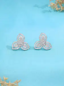 KAI JEWEL 92.5 Sterling Silver Rhodium-Plated Cubic Zirconia Studded Floral Studs Earrings