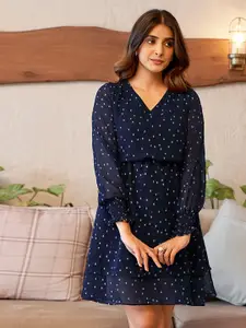 Selvia V Neck Polka Dot Print Georgette A-Line Dress