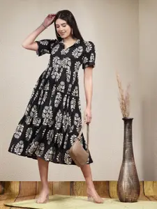 Stylum Ethnic Motifs Print Short Sleeves V-Neck A-Line Midi Dress