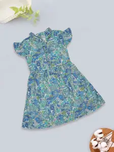 MeeMee Girls Floral Print Flutter Sleeve Cotton Fit & Flare Dress