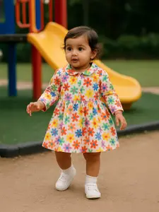 MeeMee Girls Floral Print Shirt Collar Cotton Fit & Flare Dress