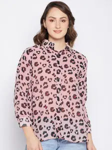 Fashfun Animal Print Shirt Collar Cuffed Sleeves Georgette Shirt Style Top