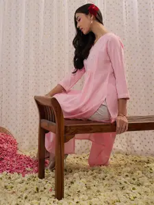 Indo Era Floral Embroidered V-Neck Three-Quarter Sleeves Kurta