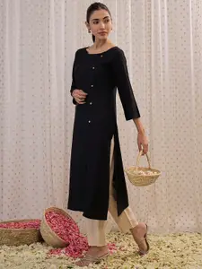 Indo Era Round Neck Three-Quarter Sleeves Straight Kurta